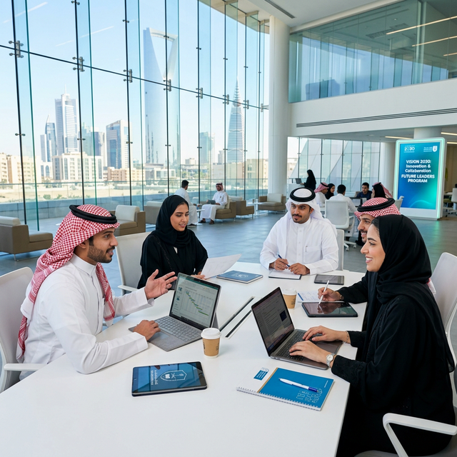 Saudi Arabian students in modern training center collaborating